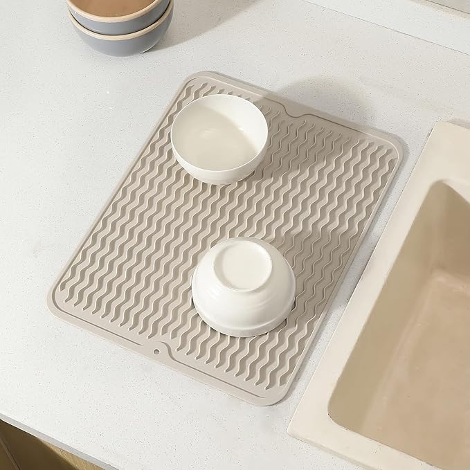 Silicone Dish Drying Mat for Multiple Usage,Easy clean,Eco-friendly,Heat-resistant Silicone Mat for Kitchen Counter or Sink,Refrigerator or drawer liner Tapioca L 16 inches x 12 inches