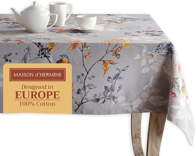 Maison d' Hermine Table Cloth Square Table 100% Cotton 54 x 54 Inches Fall Tablecloth Reusable Everyday Use for Thanksgiving Christmas Decorations Dining Farmhouse Party (Equinoxe - Grey)