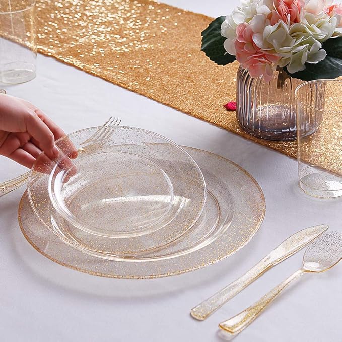 WDF 120PCS Gold Plastic Plates- Disposable Gold Glitter Plates, Premium Heavy Duty 60-10.25" Dinner Plate and 60-7.5" Salad Plate for Parties Wedding Birthday Valentine's Day
