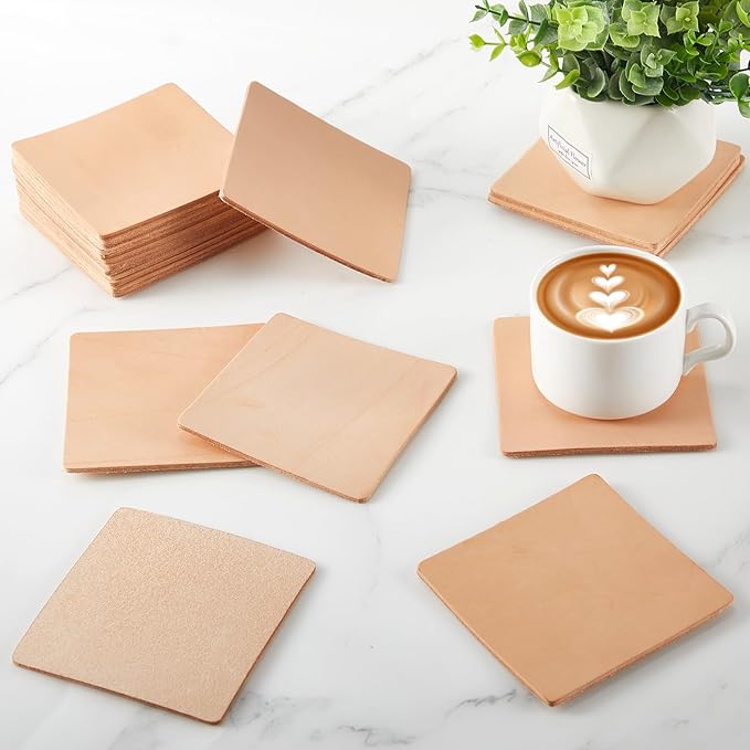 Bulyoou 50 Pack 4" Square Veg Tan Leather Crafts Tooling Vegetable Leather for Coasters Tooling Stamping Carving Dyeing Laser Embossing, Thickness 3.2 mm