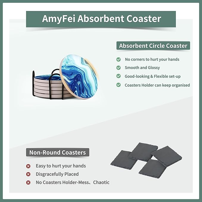 Ceramic Marble Coasters, 6 Sets of Round Tea Coasters with Holder on Dark Blue White, Durable Cup Coaster for Coffee for Table Protection, Beer Coasters set for Kinds of Mugs and Cups(4 Inches)