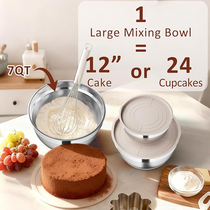 9 Pack Mixing Bowls with Airtight Lids Set, Stainless Steel Mixing Bowls with Grater Attachments, Nesting Kitchen Bowl Set with Non-Silp Bases, Size 7, 4, 3, 2, 1.5,1QT, Khaki