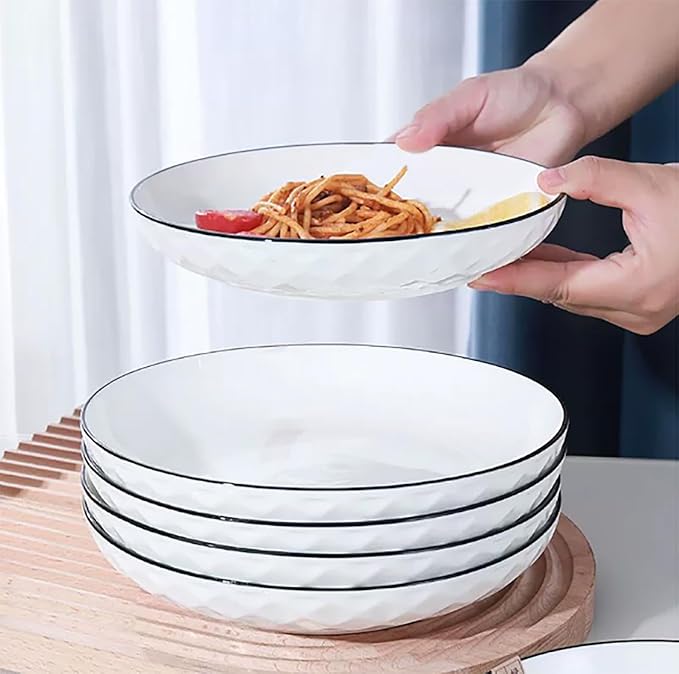 Ceramics Pasta Bowls, 6 Pack 8 inches 20 Oz Large Salad Serving Bowls, Shallow Salad Bowls,ceramics Deep Plates,Microwave Dishwasher Safe,White (rhombus)