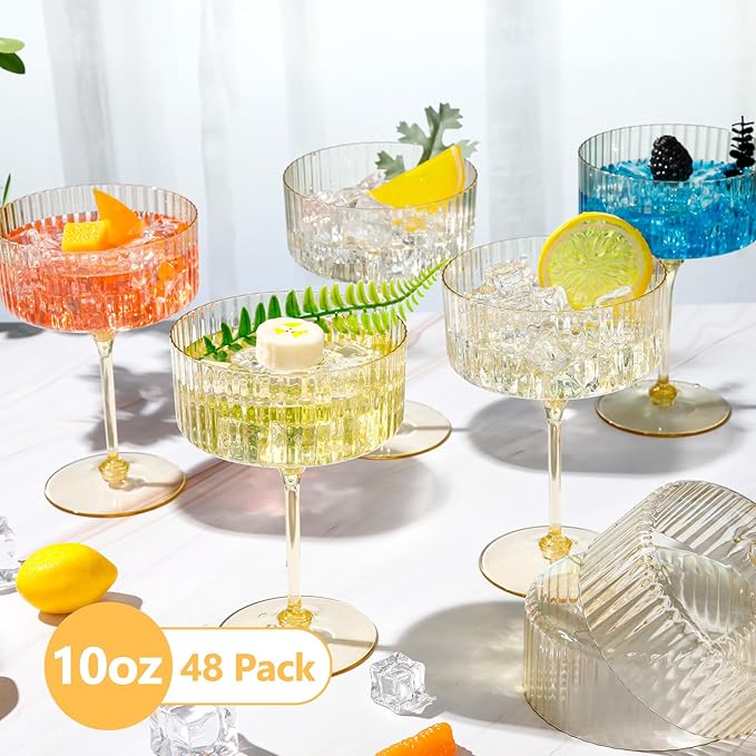 48 Pcs Ribbed Martini Glasses 10 oz Disposable Plastic Vintage Ribbed Coupe Glasses Unbreakable Dessert Parfait Glassware for Wedding Birthday Party Supplies (Gold)