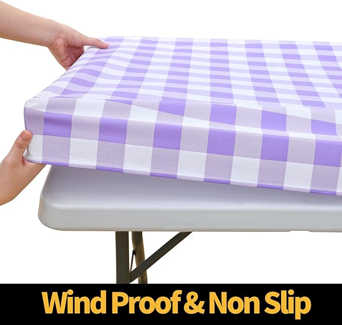 Smiry Rectangle Picnic Table Cloth, Elastic Waterproof Fitted Vinyl Tablecloths, Flannel Backed Buffalo Plaid Table Covers for Dining, Camping, Outdoor (White and Purple, 30" x 60")