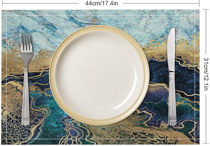 Marble Linen Placemats Set of 4, Modern Luxury Foil Cracked Texture Blue Gold Marble Washable Cloth Place Mats, Non-Slip Dining Table Placemats for Home Kitchen Party Banquets Decor 12x17 Inch