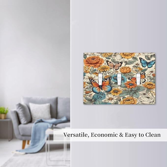 Light Switch Cover Vintage Colorful Floral Butterfly Flowers 3 Gang Wall Plate Triple Light Switch Plate Toggle Decorative Outlet Covers Electrical Switchplate for Bathroom Bedroom Decor