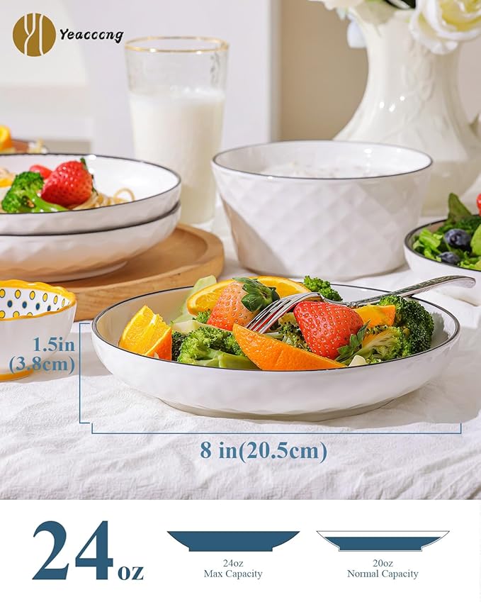 Yeacccng White Pasta Bowls Set of 6, 24oz Ceramic Salad Bowls, 8 inch Shallow Serving Bowls for Pasta, Salad, Oatmeal, Fruit, Easy to Clean, Dishwasher & Microwave Safe, Scratch-Resistant, Lead-Free