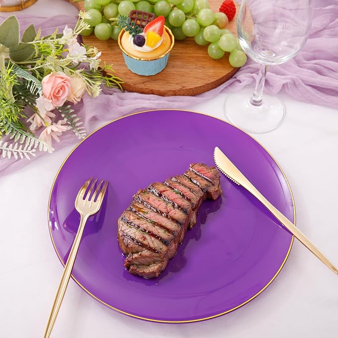 PULOTE 100PCS Purple Plastic Plates - Purple and Gold Disposable Include 50 Each (10.25 Inch Dinner & 7.5 Inch Dessert) Plates, Ideal for Party