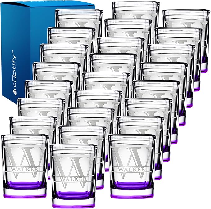 Personalized Square Shot Glasses Set of 25 Purple Bottom 2oz Engraved Initial and Name Custom Gifts, Weddings, Birthdays, Party, Event, Decorations