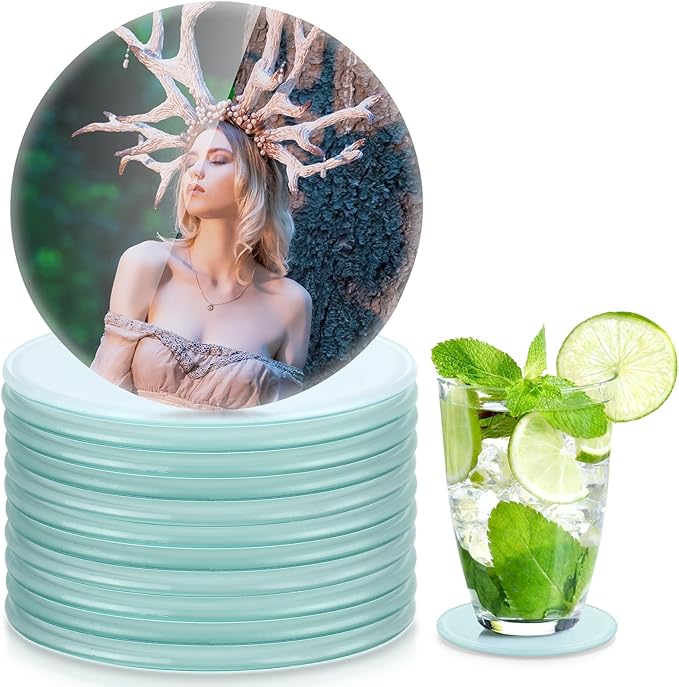 LemonRoad 12 Pcs Sublimation Blank Glass Coasters, 3.9 Inch Round DIY Photo Glass Drink Coasters with Foot Pads for Mugs, Cups, Dining Tables, Office, Kitchen, Home and Parties