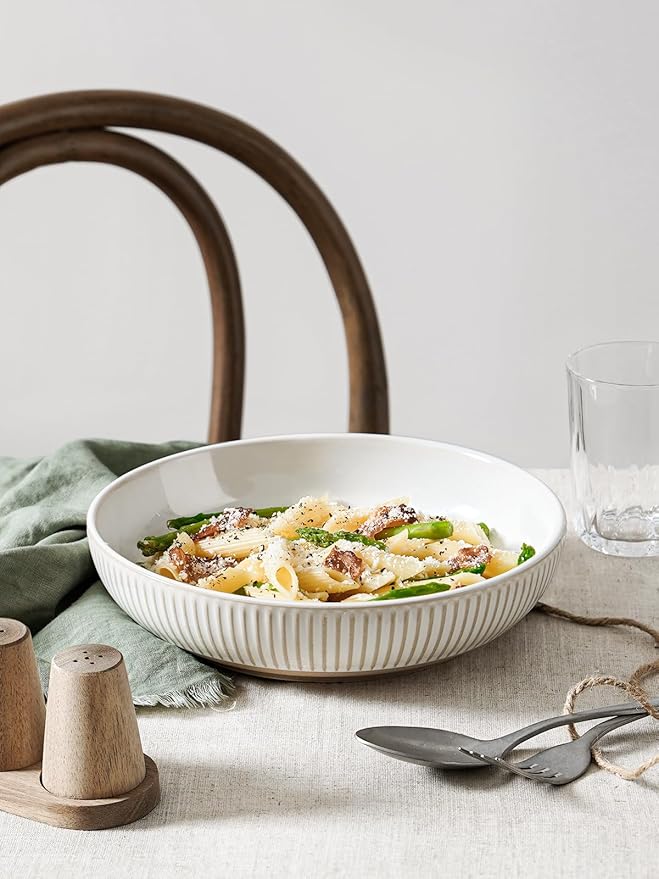 LE TAUCI Pasta Bowls 46oz, Large Salad Bowl, Ceramic Embossment Stoneware Serving Plate Bowl for Fruits, Noodle, Dinner, House-warming Wedding Present - 9 Inch, Set of 4, Arctic White