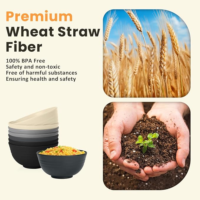 Homienly Premium Wheat Straw Bowls 8 PCS Unbreakable Bowl for Kitchen Cereal Bowls Lightweight Bowl Set, Reusable Microwave and Dishwasher Safe Bowl Set for Soup,Ramen,Salad(Grey Stone, 26 OZ)