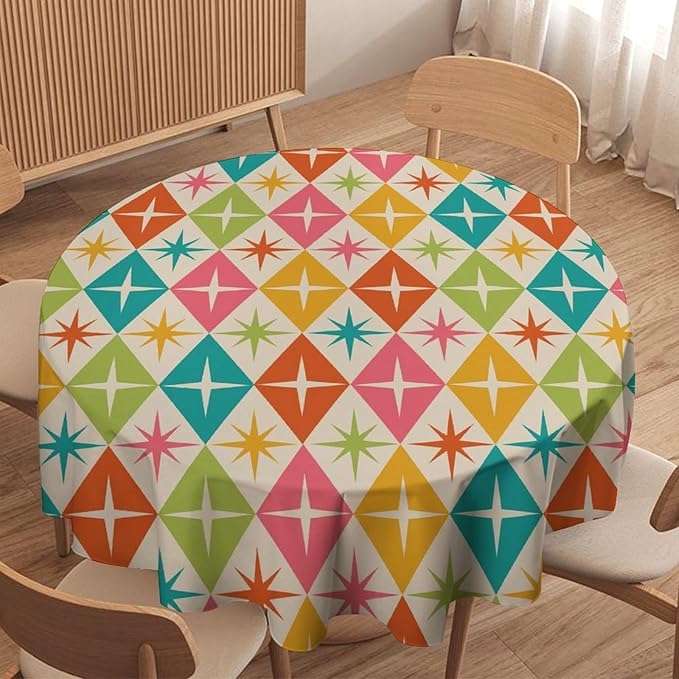 Abstract Geometric Round Tablecloth, Mid Century Retro Abstract Vintage Tablecloth for Home Party Dining Room Kitchen Decor 36Inch(90cm)