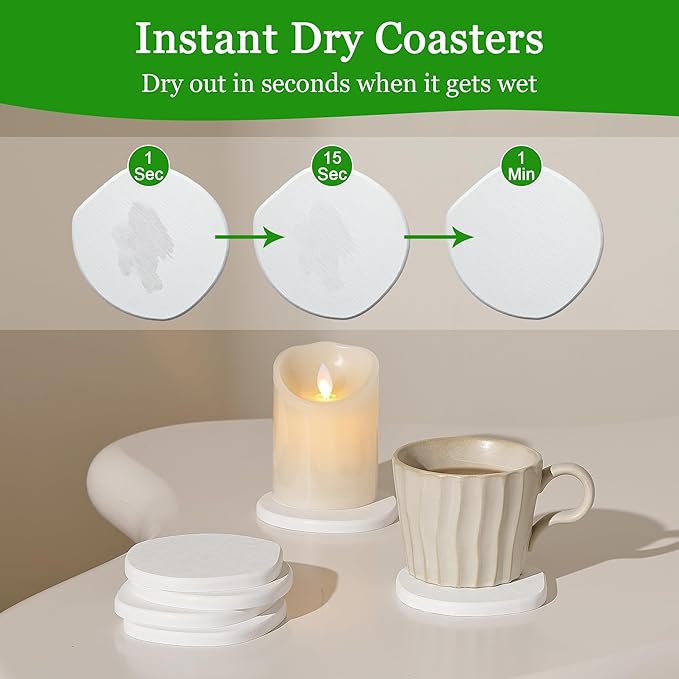 Diatomaceous Earth Coasters Set of 6 for Drinks, Moisture Water Absorbent Stone Coasters for Table Desk at Work, Water Absorbing Instant Drying Diatomite, Modern White