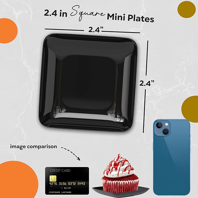 Exquisite Tiny Mini Dessert Plates - 120 Pack 2.4 In. x 2.4 In. Black Disposable Appetizer Plates - Small Plastic BPA Free for Weddings