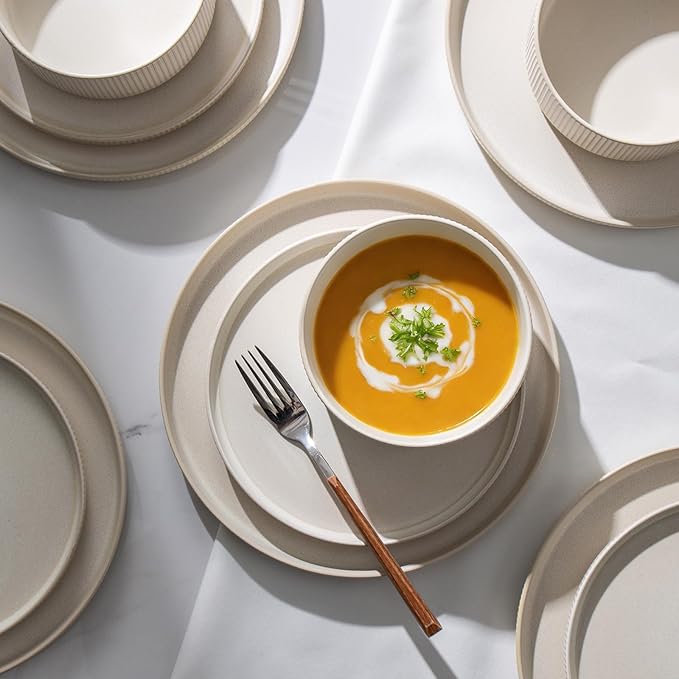 Dinnerware Set Service for 4, 12-Piece Ceramic Plates and Bowls Set, Chip & Scratch Resistant, Microwave and Dishwasher Safe, Modern Minimalist Tableware for Everyday Use, Matte White