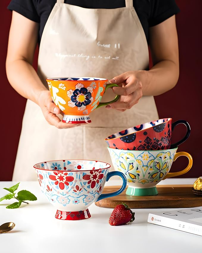 25oz Ceramic Soup Bowl with Handle – Handcrafted Floral Pottery Cereal & Ramen Bowl – Large Microwave & Dishwasher Safe Decorative Bowl for Everyday Use or Gift (Crimson Frost, 17oz)
