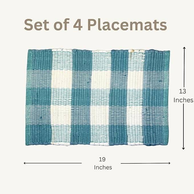 Perilla Home Cotton Placemat Set of 4 Table Mats for Kitchen Dining Home Decor Vintage Boho Rectangle Placemats (Teal and White 13"x19")