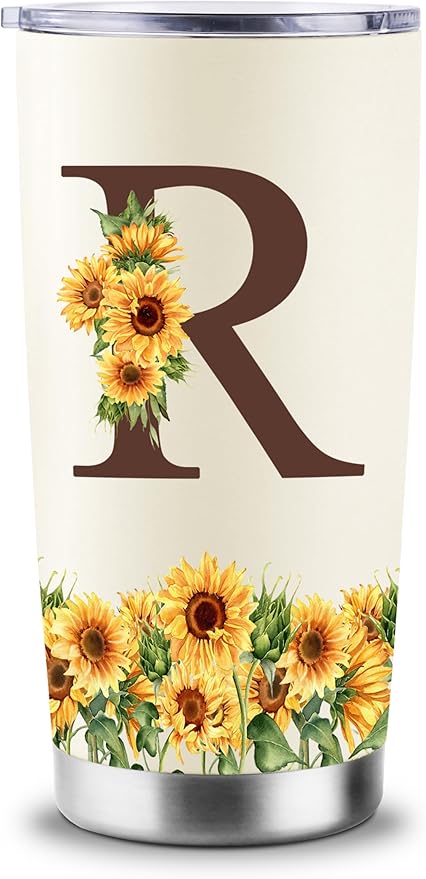 Sunflower Gifts for Women - Personalized Christmas Gifts for Women - Birthday Gift for Woman - Mothers Day Gift for Mom - Monogrammed, Initial 20oz Travel Cup Insulated Tumbler with Lid, R