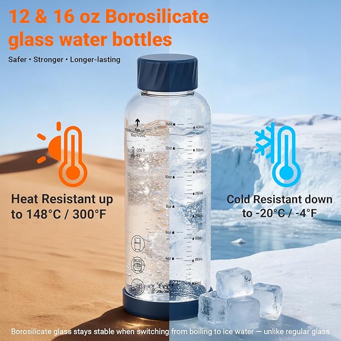 12 oz Glass Juice Bottles – 4 Pack Glass Water Bottles with Stainless Steel Lids – Leakproof, BPA Free, Heat-Resistant Borosilicate Glass for Juicing, Smoothies, Milk, Protein, Beverage Storage