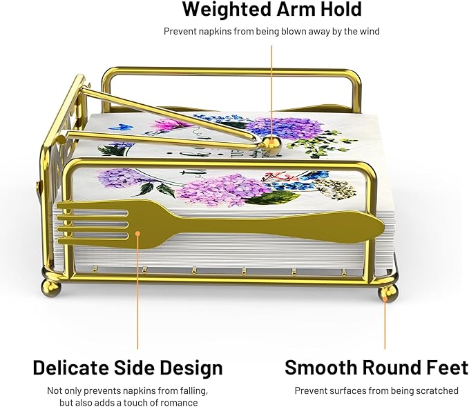 Napkin Holder for Table, Flat Napkin Dispenser with Weighted Arm, Square Cocktail Paper Holder of Elegant Rustic Iron for Kitchen Dining Room Decor Restaurant Farmhouse Hotel Party, Gold