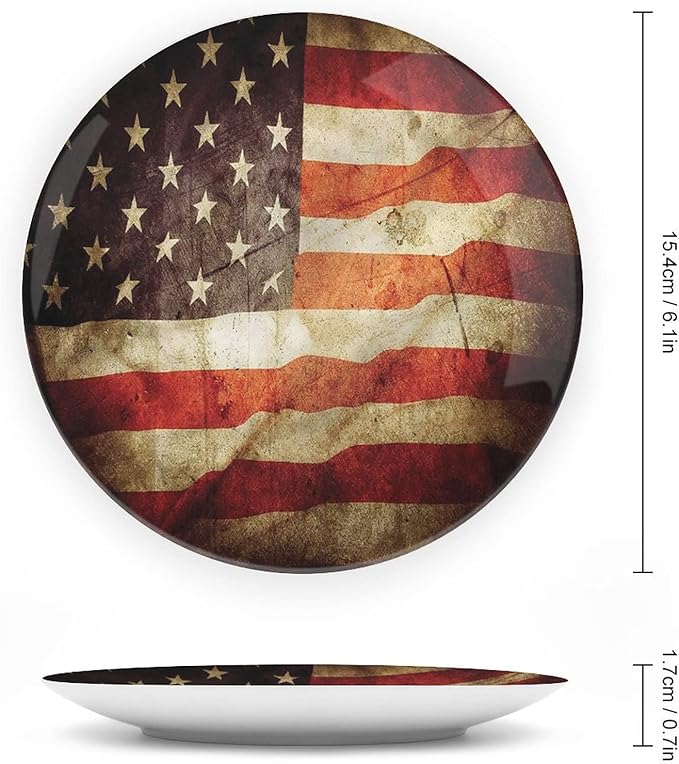 Decorative Plates, American Flag Print Ornament, Grunge Look Patriotic, 10 Inch, 1 Plate with 1 Display Stand, Multicolor