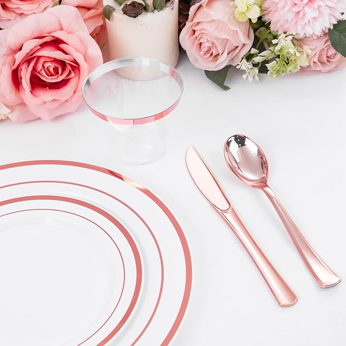 WELLIFE 300 PCS Rose Gold Dinnerware Set for 50 Guests, Valentine's Day Plate, 50 Dinner & Salad Plates,Cups, Forks Knives Spoons for Wedding Reception and Mothers Day Plates