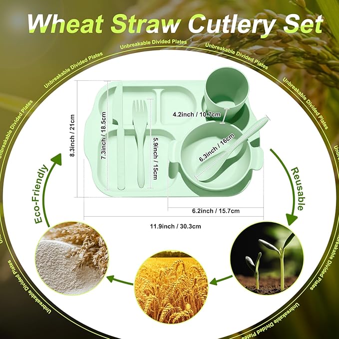 Tanlade 24 Pcs Wheat Straw Dinnerware Cutlery Sets, Divided Plates Unbreakable Bowl Microwave Dishwasher Safe Tableware Cutlery Spoon Knife Fork Cup(Orange, Yellow, Beige, Green)