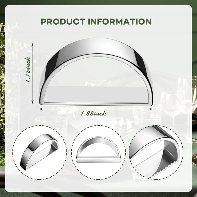 20 Pcs Stainless Steel Napkin Rings Metal Napkin Ring Holders Valentine's Day Modern Serviette Buckles Metallic Adornment for Spring Table Kitchen Dinner Party Wedding(Bright Silver Semicircle)