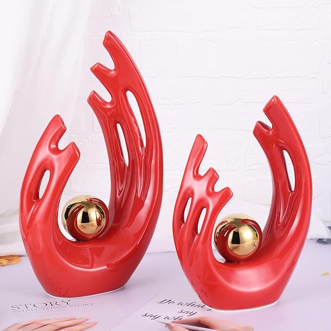 LCCCK 9.5" H Red Gold Aesthetic Room Decor Accent, TV Stand Funky Table Centerpiece, Abstract Art Ceramic Statue and Sculpture, Red Decor for Living Room, Bookshelf Decorative Objects, Shelf Decor