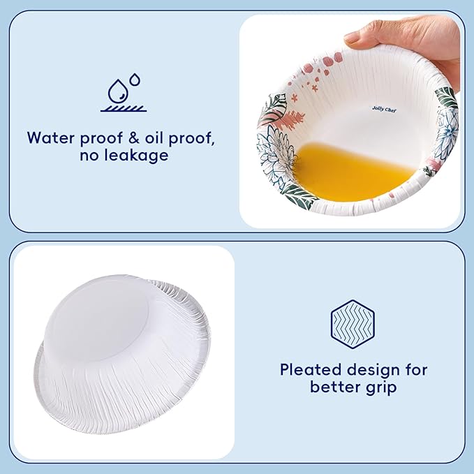JOLLY CHEF 16 OZ Disposable Paper Bowls with Floral Print 156 Count Heavy-duty Bowls Bulk Perfect for Parties,Picnics,and Everyday Use