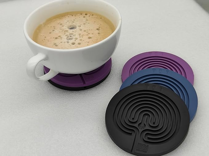 Classic Labyrinth Black Silicone Coasters - Set of 8 Non-Slip, Heat-Resistant Drink Coasters for Coffee, Tea, and Glasses - Durable, Easy to Clean, Decorative Tabletop Protection