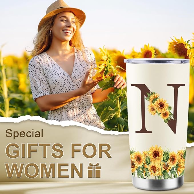 Sunflower Gifts for Women - Personalized Christmas Gifts for Women - Birthday Gift for Woman - Mothers Day Gift for Mom - Monogrammed, Initial 20oz Travel Cup Insulated Tumbler with Lid, N