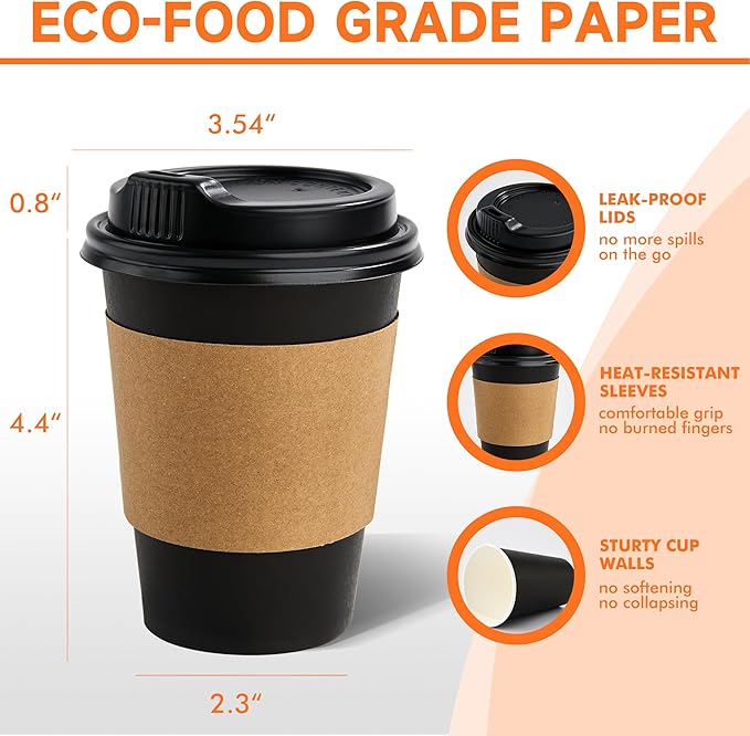 50 Pack 12 oz Disposable Coffee Cups with Lids and Sleeves, Sturdy Paper Cups for Hot/Cold Drinks, Leak-Proof To Go Coffee Cups with Lids for Home, Café, Events, Office, Black