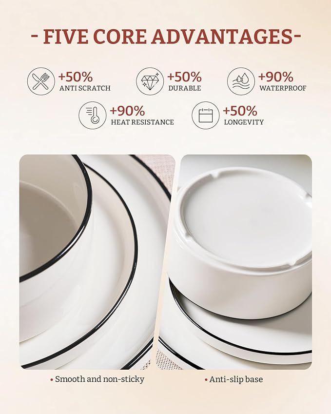 Famiware Porcelain Dinnerware Set, 12-Piece Modern Plate and Bowl Set, Dish Set for 4, Microwave and Dishwasher Safe Tableware, White with Black Trim