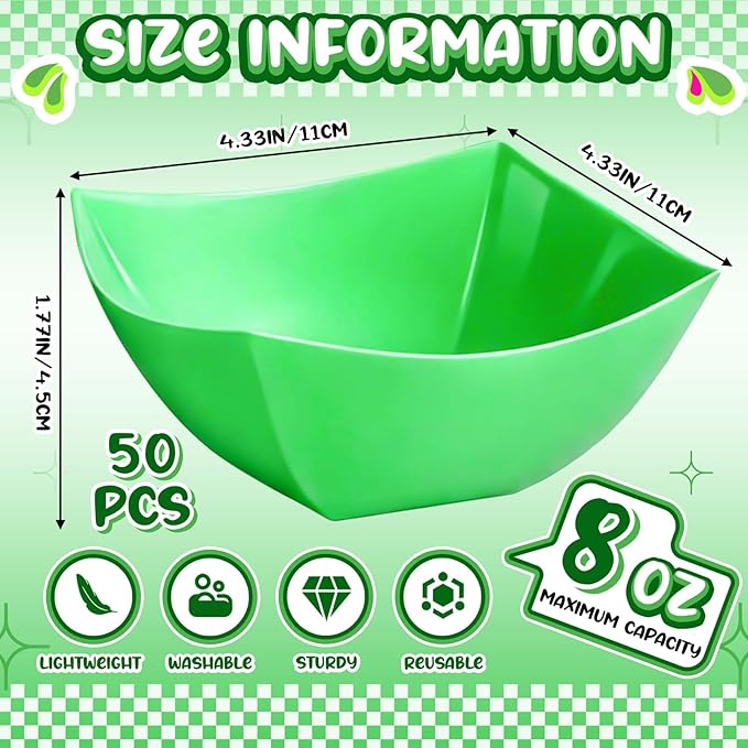 Tanlade 50 Pcs Square Plastic Serving Bowls Disposable Snack Salad Bowl Small Party Candy Bar Containers Taco Bar Serving Dishes for Buffet Chips Fruit(8 oz,Bright Green)