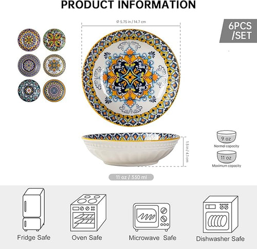 10 OZ Small Snack Bowls/Dishes Set of 6 - Ceramic Colorful Bowls for Side Dishes, Ice Cream, Dessert, Appetizers, Dips and Sauces, Dishwasher & Microwave Safe - Bohemian Style