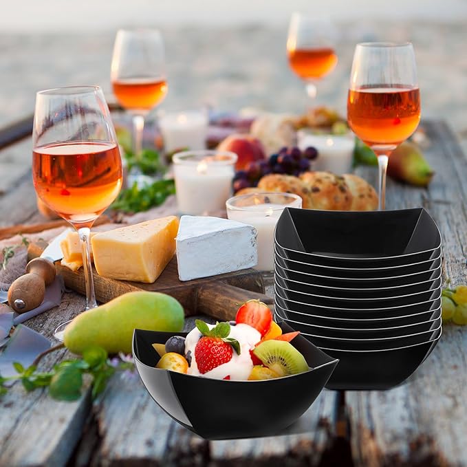 Tanlade 50 Pcs Square Plastic Serving Bowls Disposable Snack Salad Bowl Small Party Candy Bar Containers Taco Bar Serving Dishes for Buffet Chips Fruit(Black,16 oz)