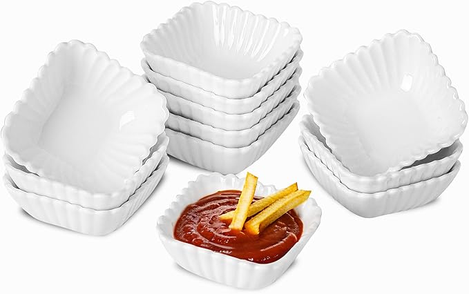 UIBFCWN 12 Pack Ceramic Soy Sauce Dishes, 2 oz Square Dipping Sauce Cups/Bowls/Dishes for Kitchen, Small Dip Bowls Set, Mini Bowl for Side Dish, Ketchup, Soy, BBQ, Sushi, Party - 2.75inch
