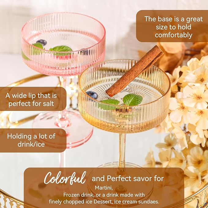 9 oz Colored Coupe Glasses Set of 6 Ribbed Colorful martini Glasses for espresso dessert