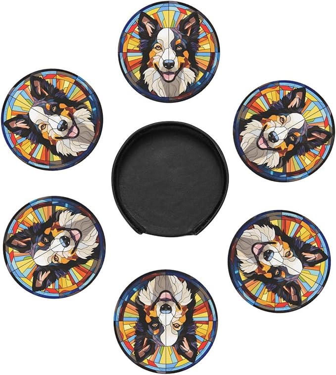 Drink Coaster Set of 6, Border Collie Dog Mom Lover Gift,Leather Drink Coasters with Holder,6 Pack Cup/Bar/Drink Coasters for Table/Drinks/Coffee Protection Housewarming Gift