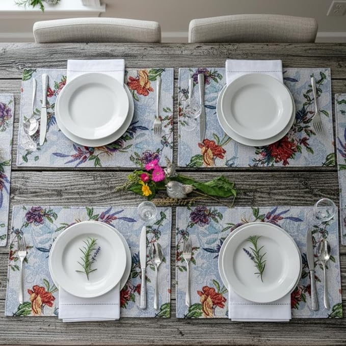 DaDa Bedding Tropical Paradise Floral Blue Roses Placemats - Set of 4 Tapestry Nature Birds Exotic Flowers Botanical Garden Berries - Decorative Linen Woven Kitchen Dining Table Mats - 13” x 19”