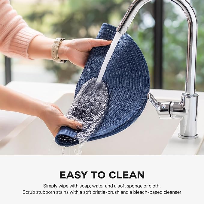 Round Placemats Set of 4 Woven Placemats Washable Braided Table Mats for Dining Table Heat Resistant Non-Slip Circle Place Mats(Navy Blue)