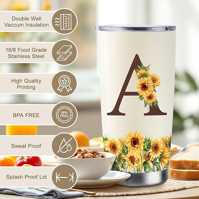 Sunflower Gifts for Women - Personalized Christmas Gifts for Women - Birthday Gift for Woman - Mothers Day Gift for Mom - Monogrammed, Initial 20oz Travel Cup Insulated Tumbler with Lid, A