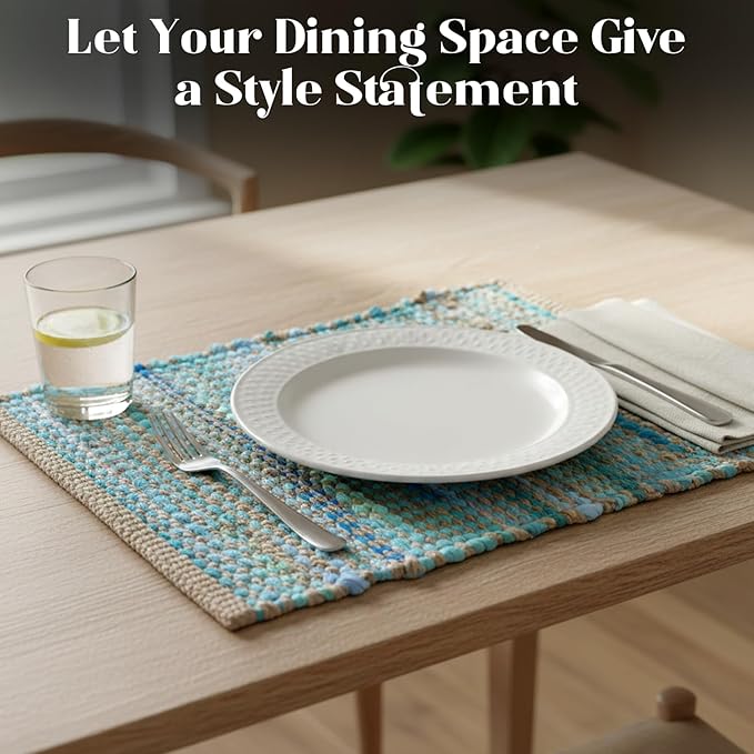 Perilla Home Natural Chindi Jute Placemats Set of 4 Vintage Boho 13x19 Inch Table Mats for Kitchen Dining Home Decor Rectangle Turquoise Stripe Rustic Placemat