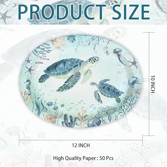 50Pcs Coastal Turtle Oval Paper Plates 10" X 12" Large Disposable Heavy Duty Ocean Blue Sea Turtles Paper Platters Sea Coral Starfish Plates for Holiday Summer Birthday Party Supplies
