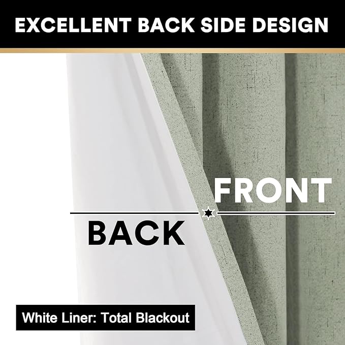 PrinceDeco 100% Blackout Curtains for Bedroom Linen Black Out Curtains for Living Room 120 Inch Long Faux Linen Fabric Grommet Thermal Curtains for Summer Heat with White Liner,52X120 Inch,Sage