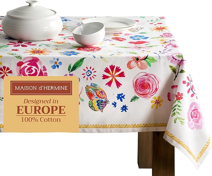 Maison d' Hermine Table Cloth Rectangle Table 100% Cotton 60 x 90 Inches Tablecloth Reusable Decorative for Dining Room Farmhouse Home Valentines Day Decorations Spring Summer - Happy Florals - Sweety