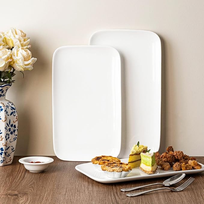 White Serving Platters Set of 2 – 14 Inch Rectangular Serving Platters, Large Porcelain Serving Platters for Party, Appetizers, Sushi, Steak & Dessert